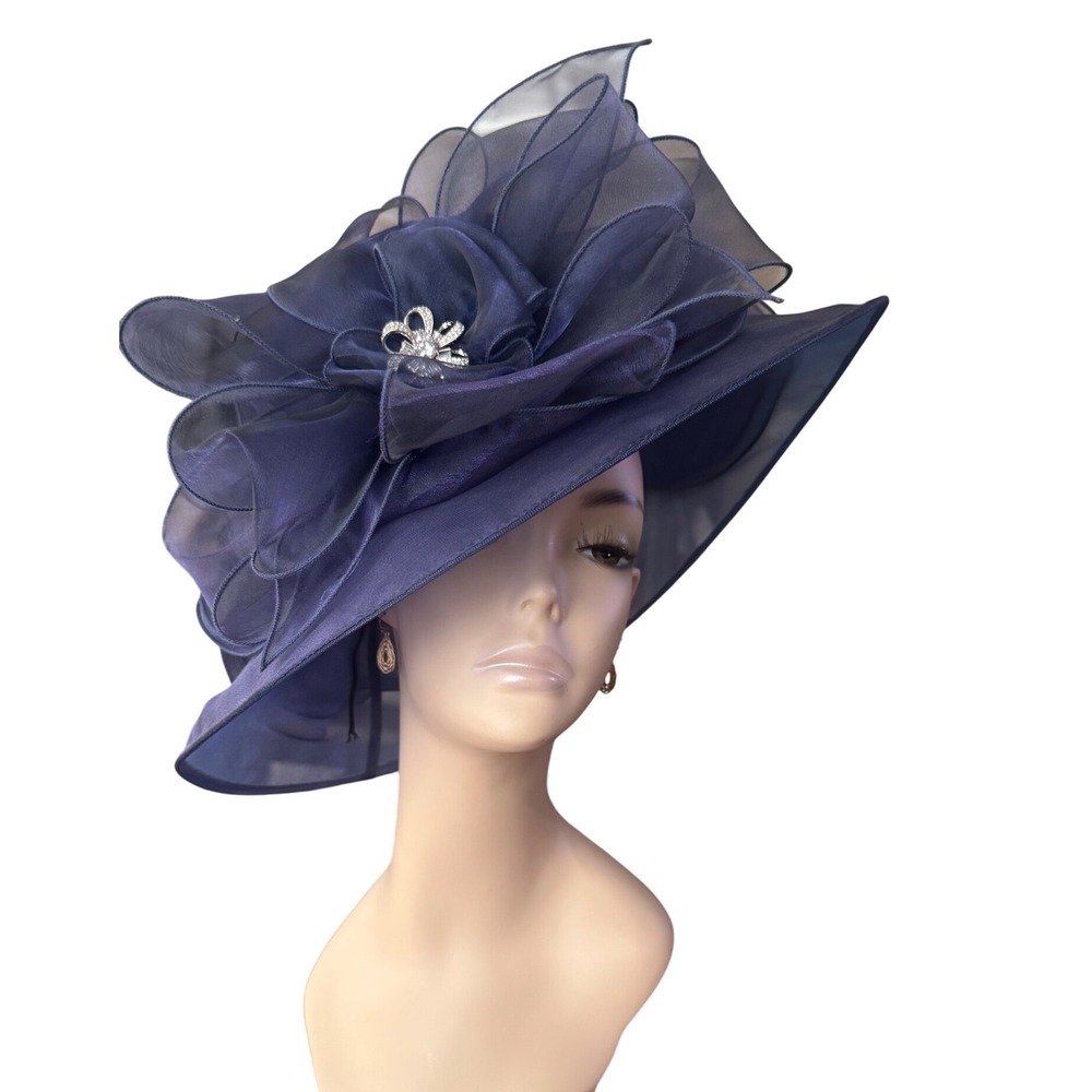 Forbusite Blue Organza Church Hat Wide Brim Ruffle Rhinestone Brooch Preloved